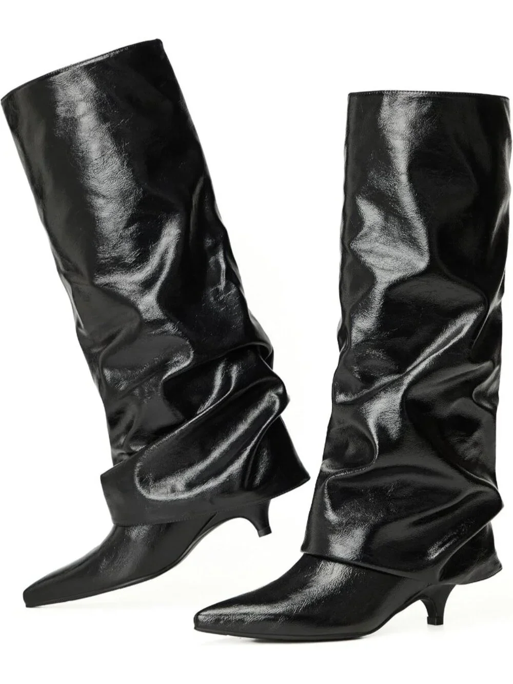 Women Black Leather Pointed-Toe Fold Over Wide Calf Low Kitten Knee-High Boot